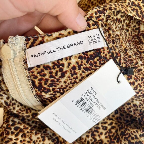 Faithfull The Brand Fontane Charlie Leopard Mini Dress Brown XL Puff Sleeves NWT - Picture 6 of 10
